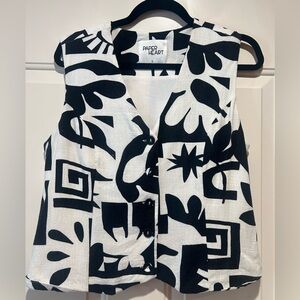 Linen Blend Black and White Patterned Vest, Medium
